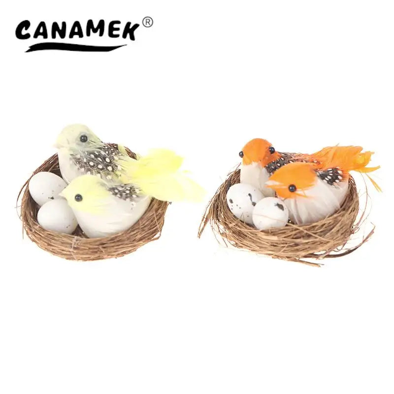 1 Set Artificial Feathered Birds & Nest & Egg Creative Craft Birds Sculpture Art Decoration Home Garden