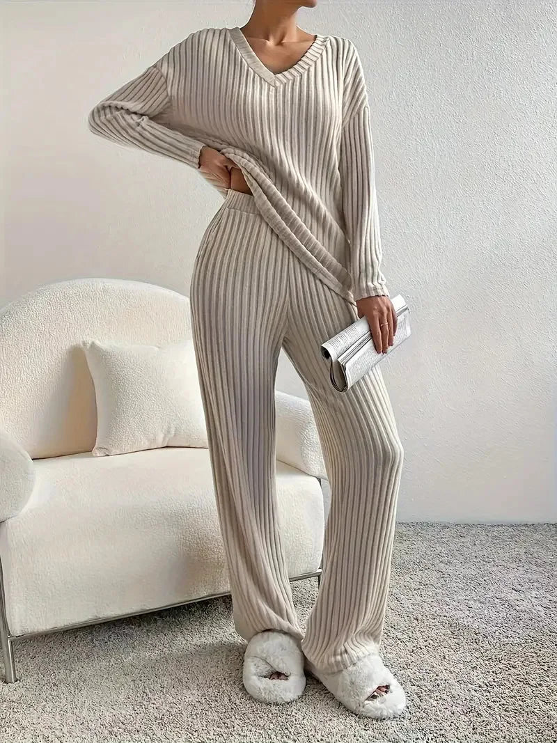 2025 Spring Fashion Women Homewear Set New Style Straight-leg Pants +Loose-fit V-neck Ribbed Knit Sweater Female Casual Pajamas