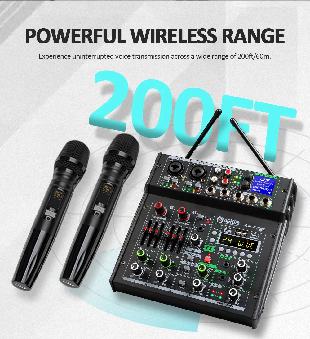 4 Channel Karaoke Audio Mixer with Dual UHF Wireless Microphone USB Bluetooth DJ Mixer for Party Computer Studio Recording DGNOG