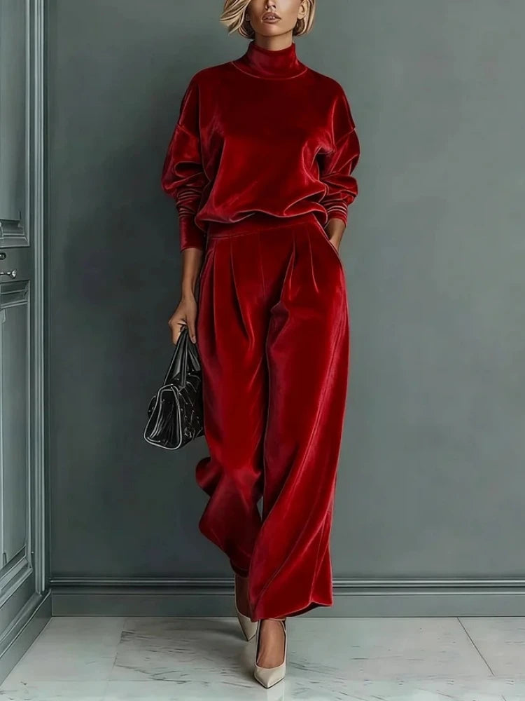 2026 Women Casual Warm Sportswear Set Velvet Long-sleeved Solid Color High-neck Wide-leg Pants Fashion Spring Autumn New Style