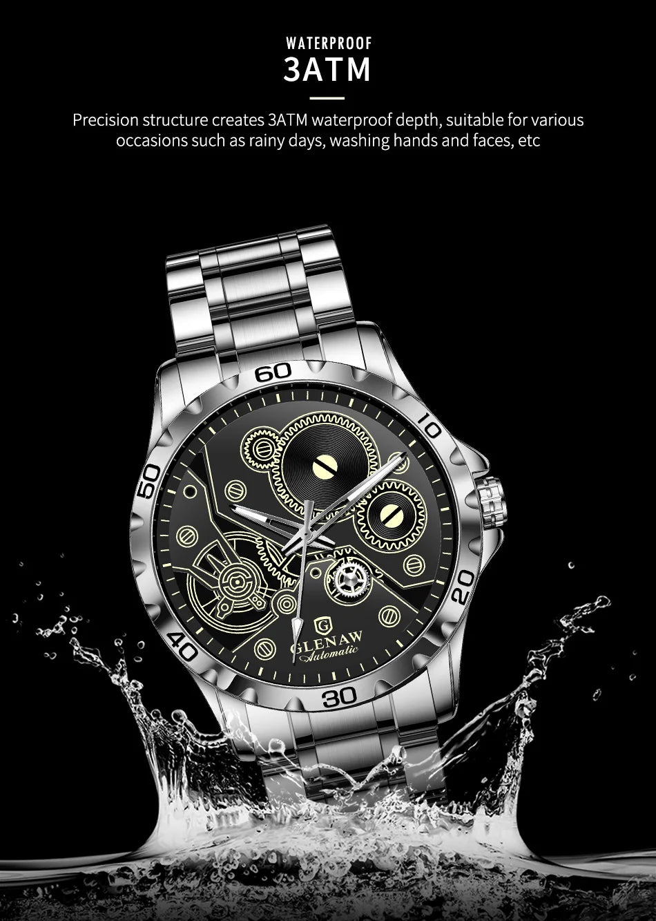 2025 New Glenaw Watches Gear Mechanical All Luminous Design Style Stainless Steel Waterproof Mechanical Watch Men Clock GL8688