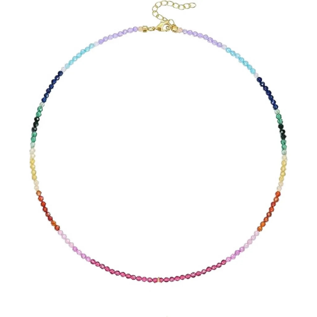 Boho Beaded Necklace for Women, 14K Gold Plated Pendant Rainbow Gemstone Choker Colorful Summer Beach Jewelry Gifts