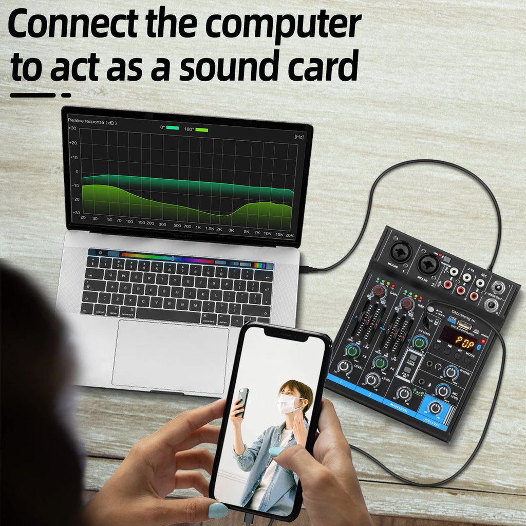 Audio Mixer Depusheng M4 4-Channels Mini Sound Mixing Console Bluetooth USB Record Computer 5V Repaeat Effect
