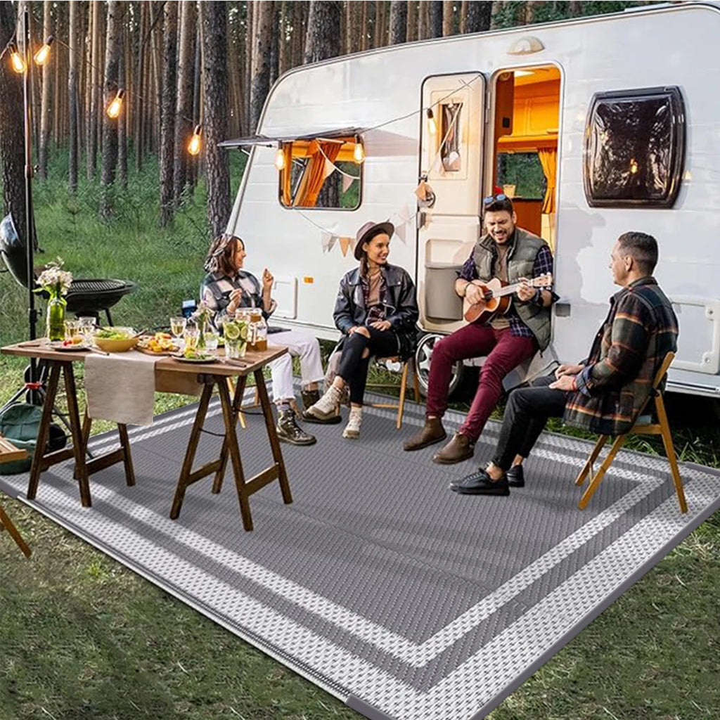 6' x 9' Outdoor Mat with Ground Pegs - Durable PP Material, Gray and White Grid Pattern, Perfect for Patio, Camping and Outdoor