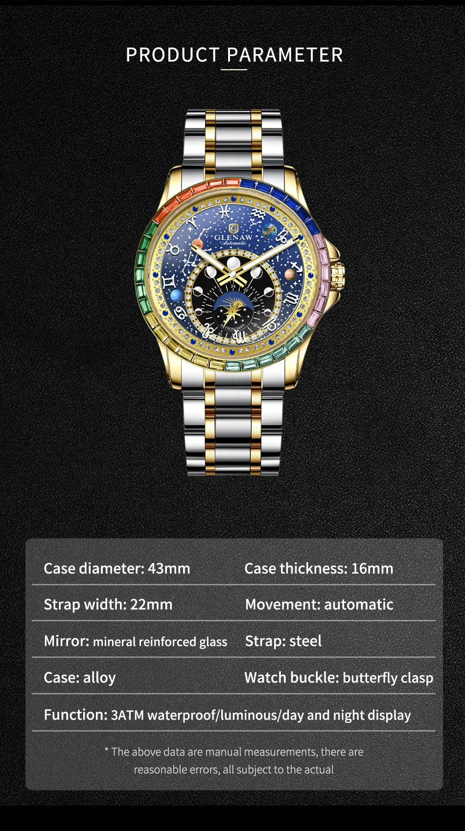 2025 New GLENAW Rainbow Circle Mechanical Watch Men Constellation dial Design Night Light Waterproof Top Luxury Mechanical Watch