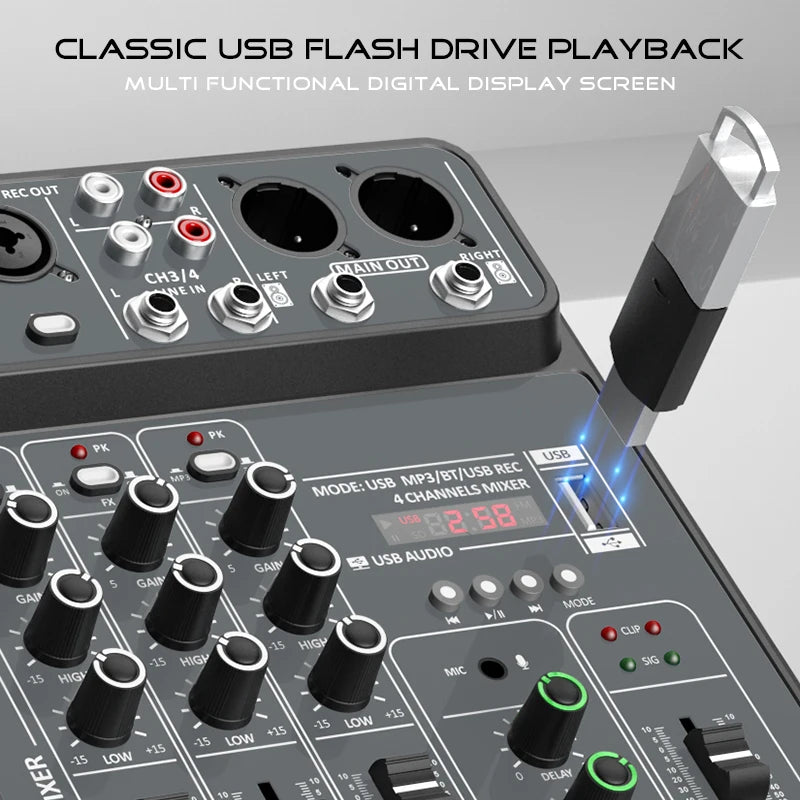 4 Channel Audio Mixer 48V Phantom Power USB Studio Sound Mixers Bluetooth DJ Console Mixing for Karaok