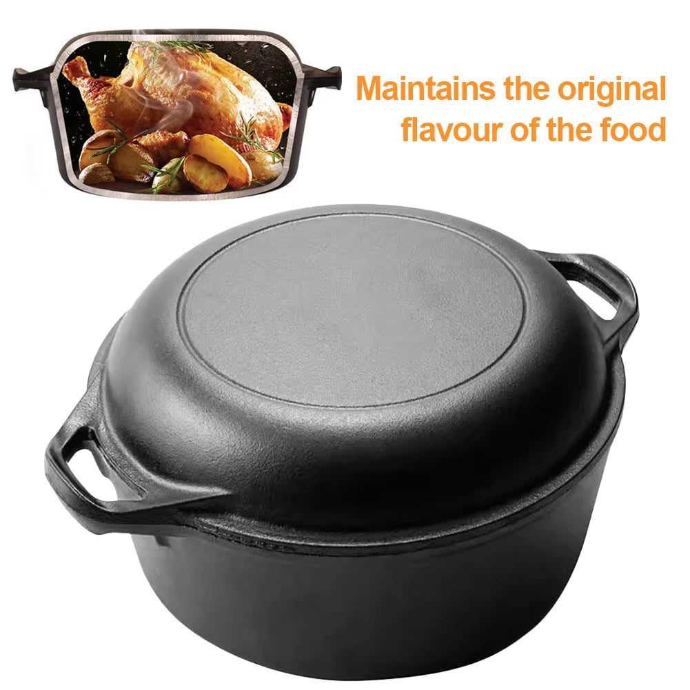 2 in 1 Cast Iron Dutch Oven with Skillet Lid Skillet Cookware Pan Set with Dual Handles for Bread Frying Baking