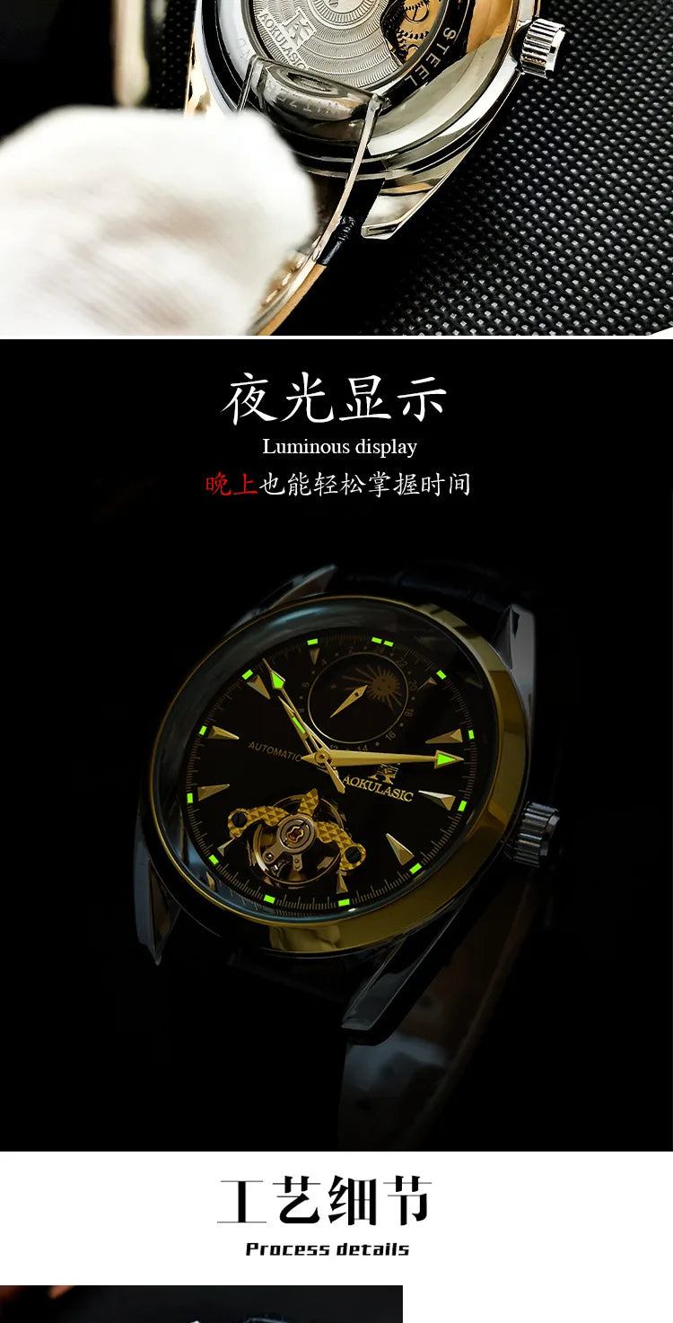AOKULASIC Luxury Mens Automatic Mechanical Watch Moon Phase Stars Tourbillon Luminous Waterproof Fashion Wristwatch
