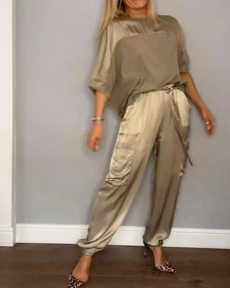 2024 Spring Women's New Fashionable Smooth Satin Half Sleeve Top With Strap Pants Pocket Set Half Sleeve Pants Two Piece Set