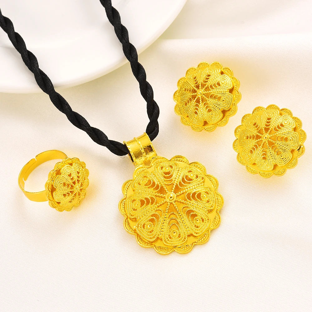 24K Gold Plated Fashion Ethiopian Big Size Earrings/Pendant/Ring Jewelry Sets Gold Plate Africa Bride Wedding Eritrea Set Gift