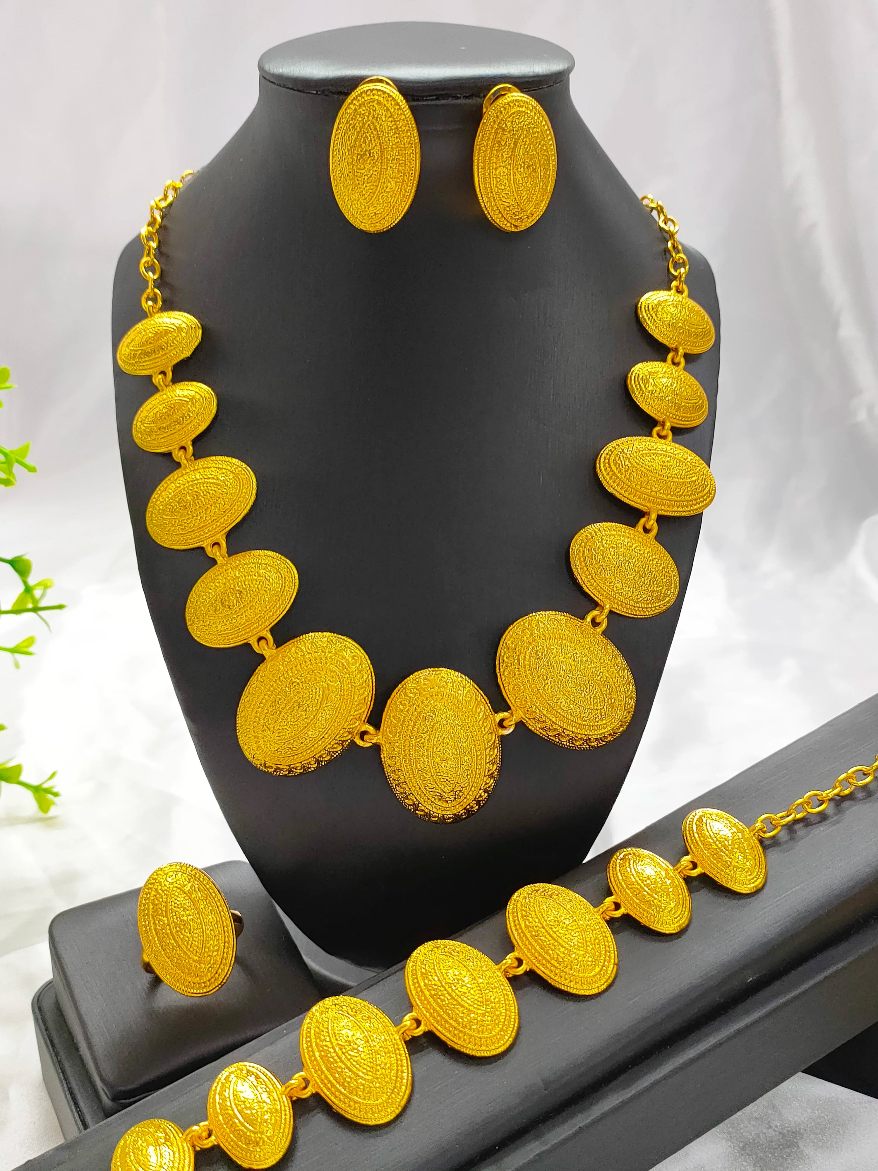 Ethiopian  Necklace Earrings Bangle Ring Jewelry Set For Women 24K Gold Plated Dubai Indian African Bridal Wedding Party Jewelle