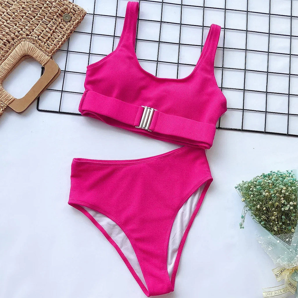 2025 Sexy Neon Green Bikini Set Women Push Up Buckle Push Up Swimsuit Summer Solid White Bathing Suit Beach High Waist Swimwear