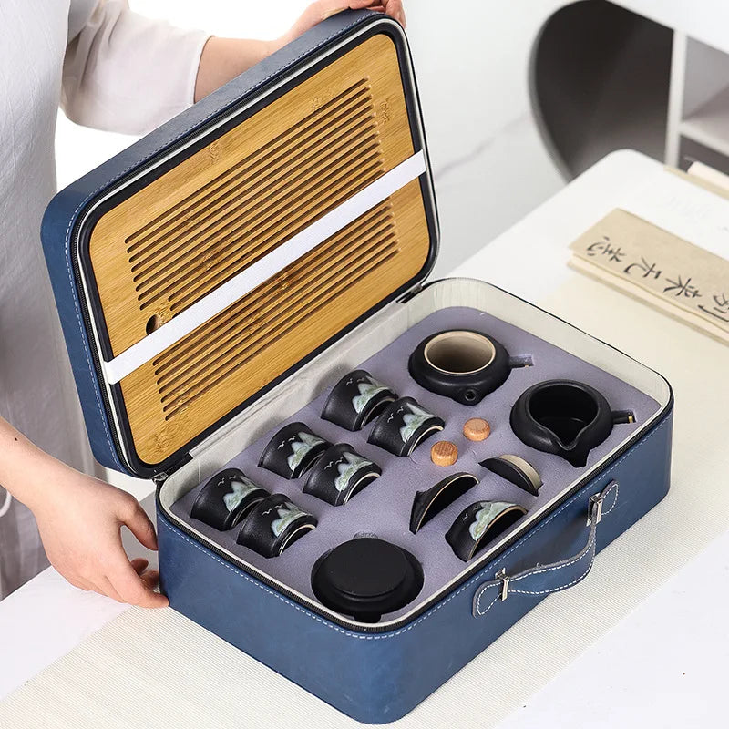 11pcs Japanese Travel Tea Set with Teapot Tea Cups And Bamboo Tray Hand-Painted Ceramic Tea Set with Gift Box And Storage Box