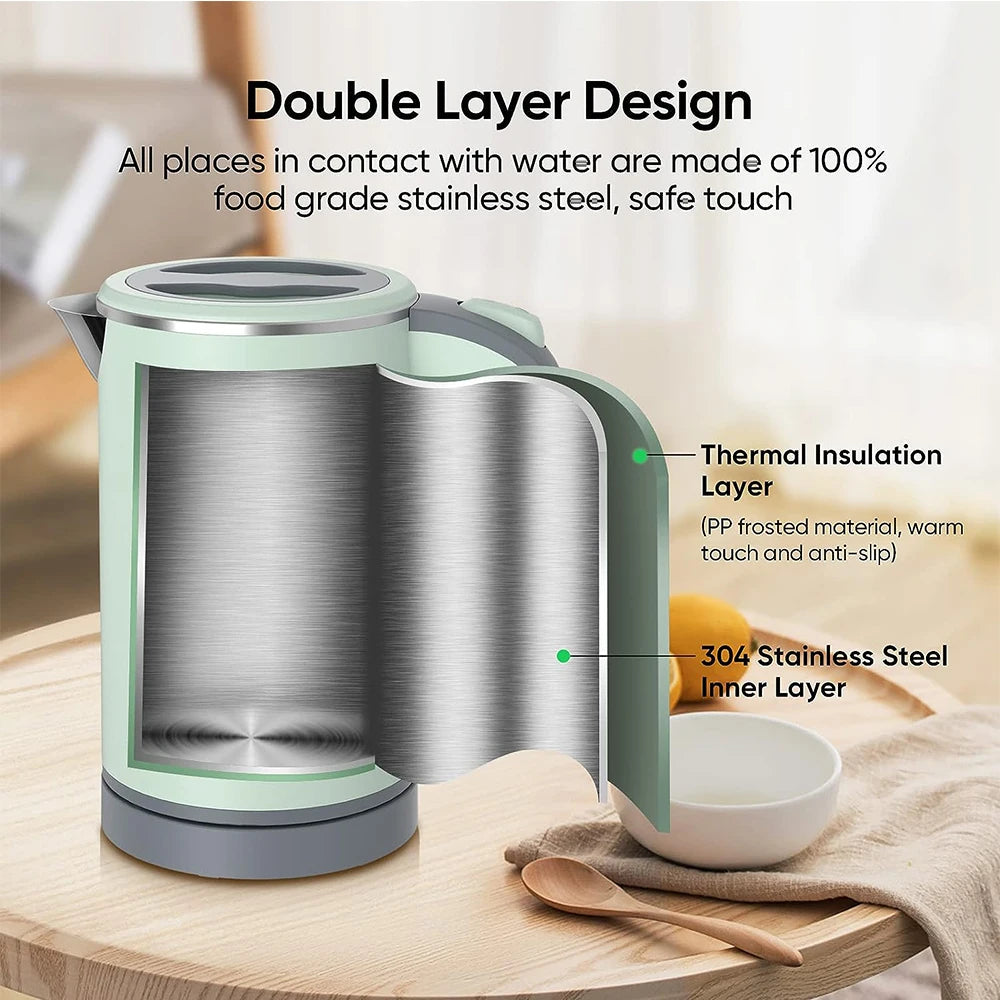 110V/220V Electric Kettle 0.8L Portable Travel Kettle Stainless Steel Liner With Auto Shut-Off 600W 5Mins Fast Boil Home Kettle
