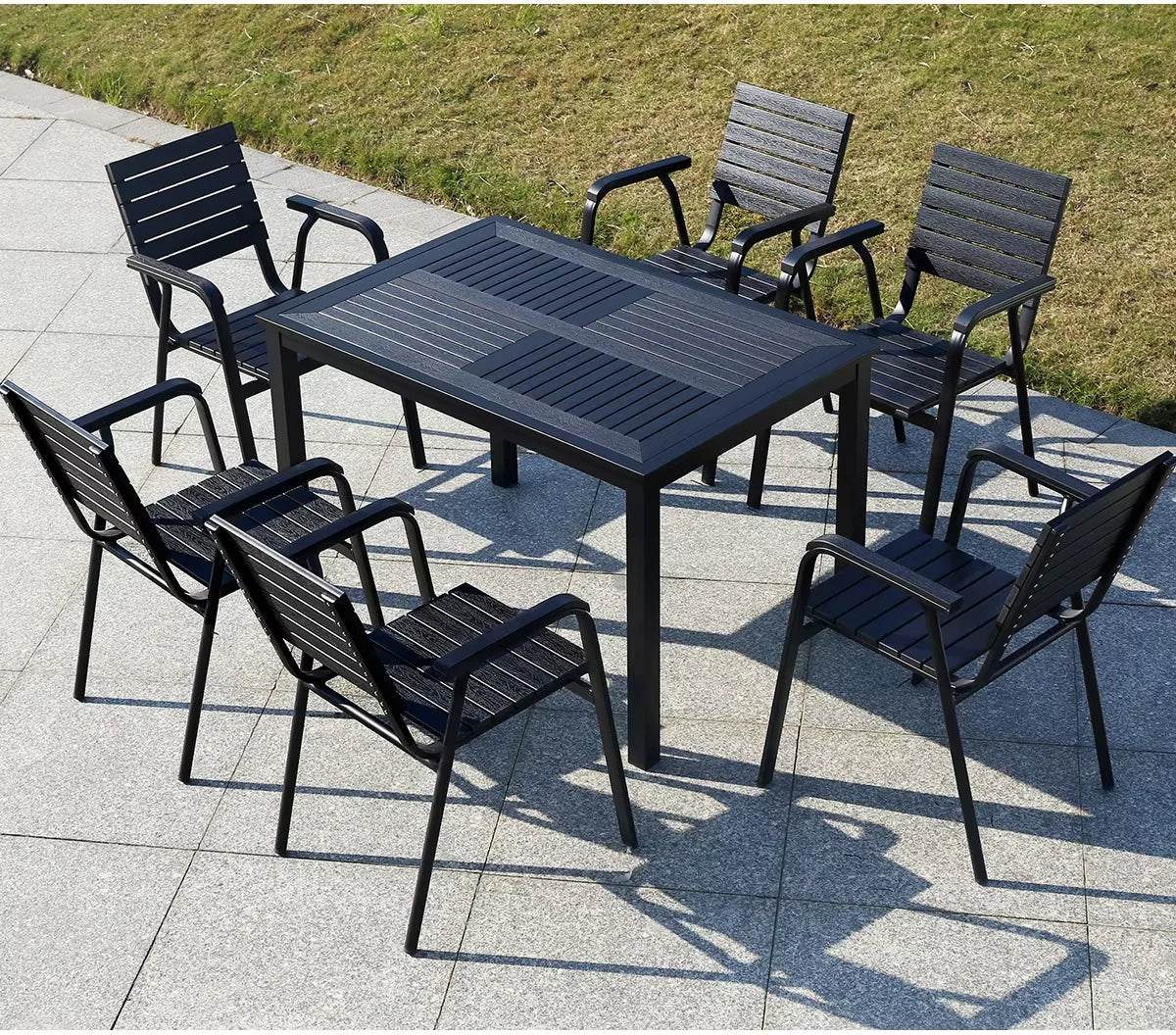 150cm Outdoor Table Large Metal Frame Rectangular Patio Table Family Outdoor Dining Table Wood-plastic Waterproof Tabletop