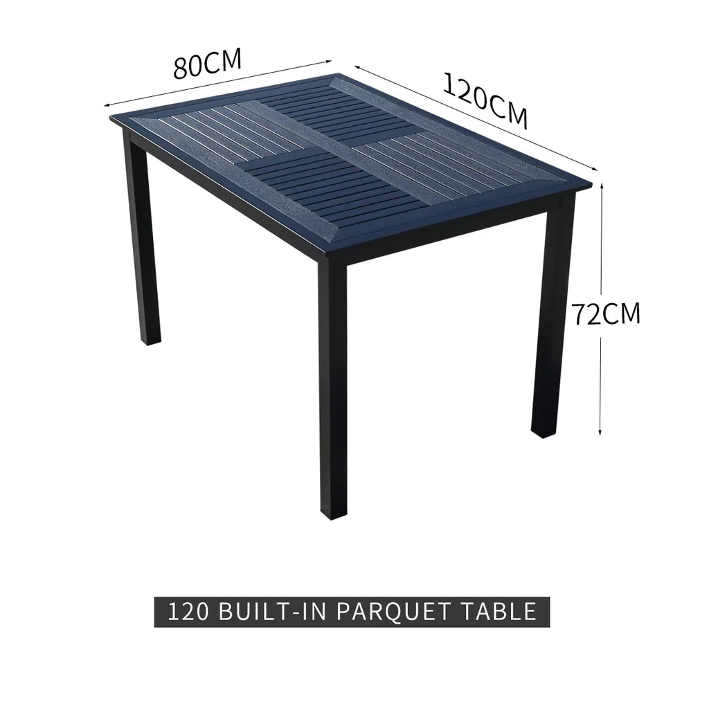 150cm Outdoor Table Large Metal Frame Rectangular Patio Table Family Outdoor Dining Table Wood-plastic Waterproof Tabletop