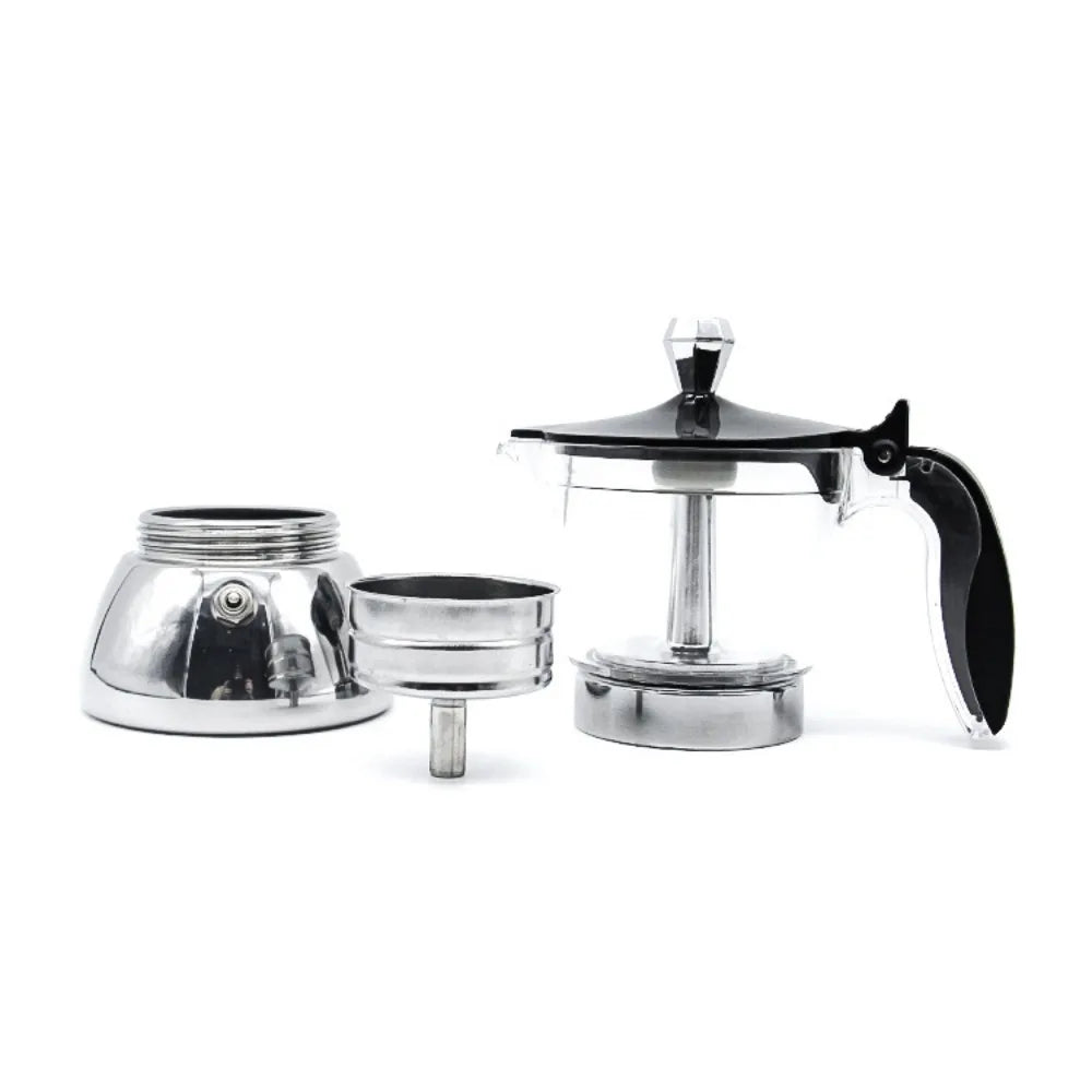 4/6 Cups Visible Moka Pot Transparent Pot Body Stainless Steel Coffee Maker Pot Universal Espresso Italian Coffee Machine
