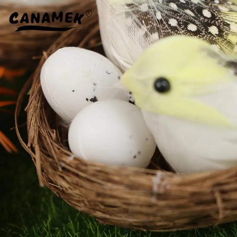 1 Set Artificial Feathered Birds & Nest & Egg Creative Craft Birds Sculpture Art Decoration Home Garden