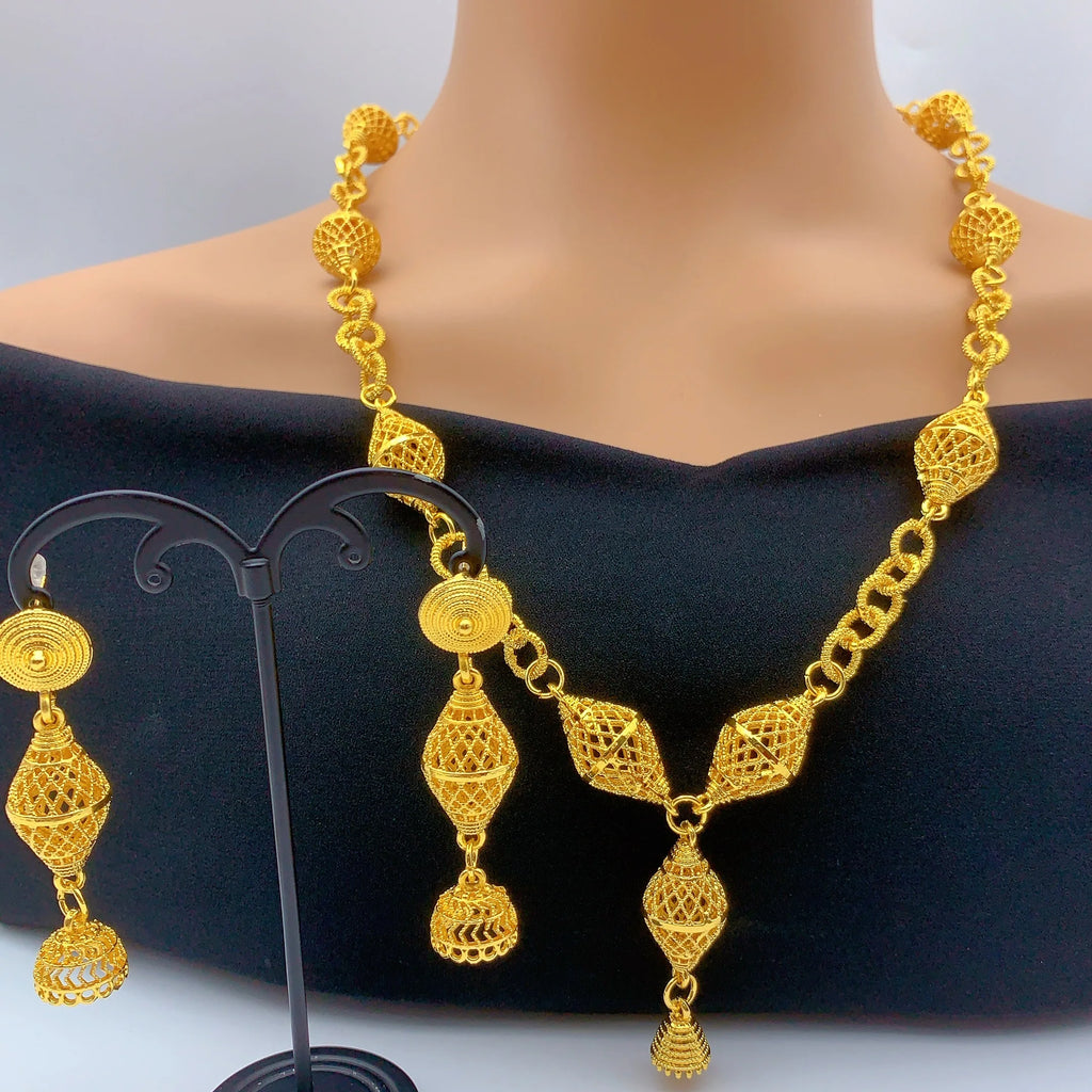 Brazilian 24k Gold Plated Jewelry Set For Women Wedding Long Necklace Earrings Jewellery Dubai Nigerian African Bridal Sets