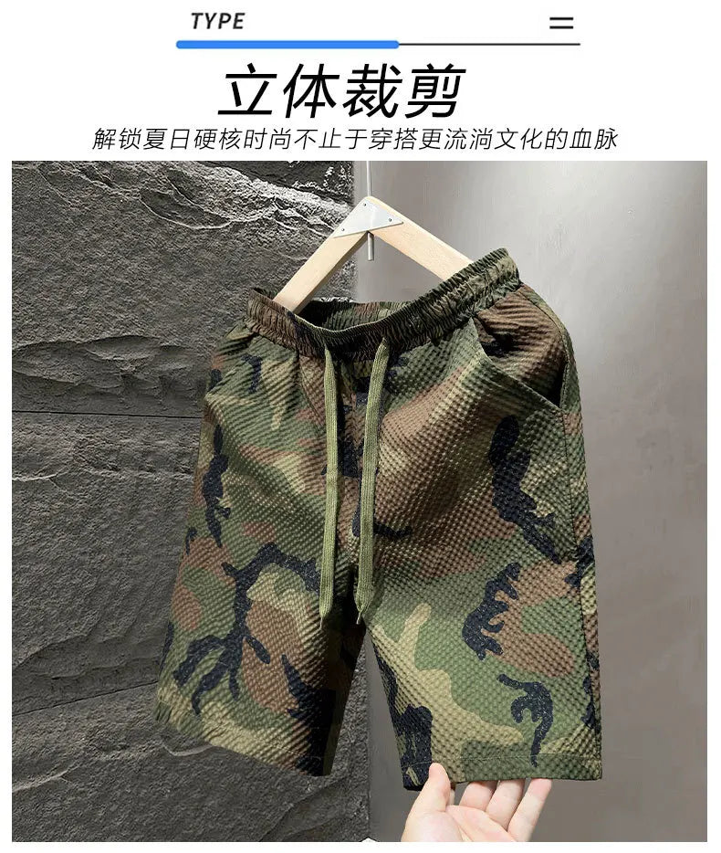 Casual Seersucker Texture Shorts Quick-Dry Breathable Straight Elastic Waist Printing Street Vacation Shorts Loose Fit Shorts