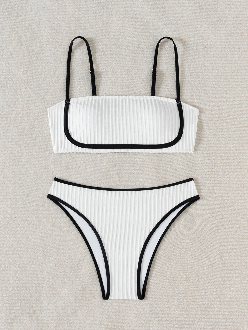 2025 Rib Piping Bandeau High-Rise Bottoms Bikini Set Trendy Beachwear Straight Neckline High Rise Swimwear Swimsuit Bathing Suit