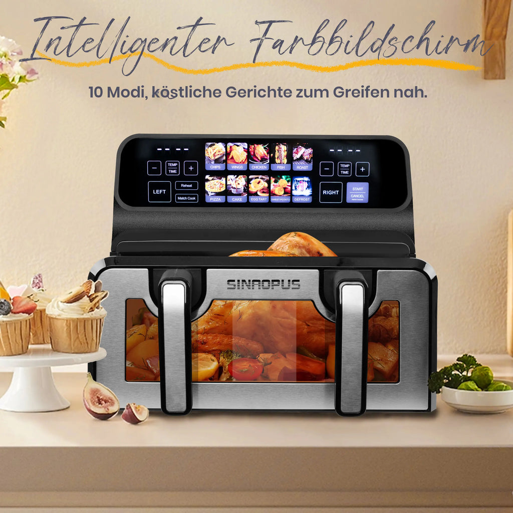2200W Hot Air Fryer Dual Basket 9L Multi-Function Air Fryers with LED Touch Screen Timable Auto Programmes,Family Oven Size