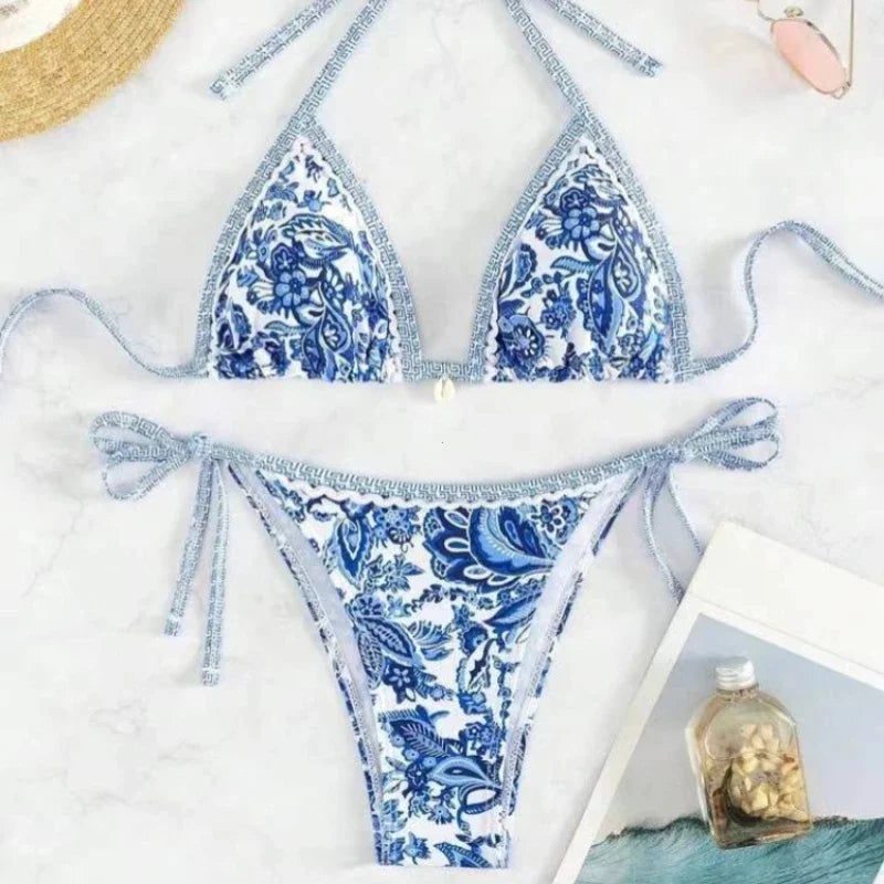 Bikini Split Swimsuit European and American Printed Sexy Strap Swimsuit Ladies' Swimming Clothing and Supplies