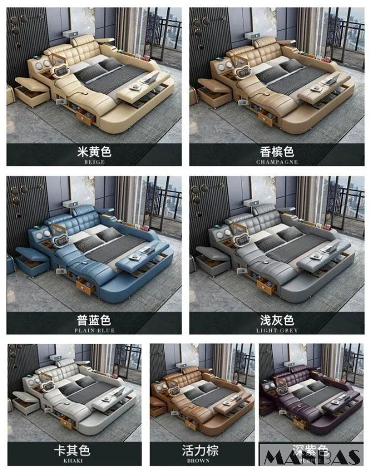 D MANBAS Tech Smart Genuine Leather Bed | Multifunctional Ultimate Beds | Massage Tatami Bed With Projecter | Upholstered Cama