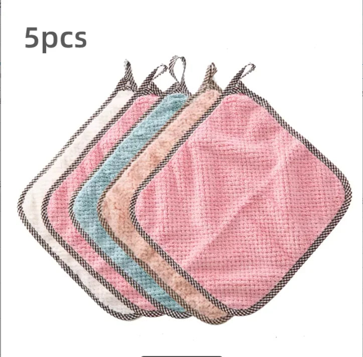 5pcs Soft Reusable Dish Towels, 9.8x9.8in Coral Fleece Cleaning Rags, Household Absorbent Non-shedding Dishwashing Cloth, Double