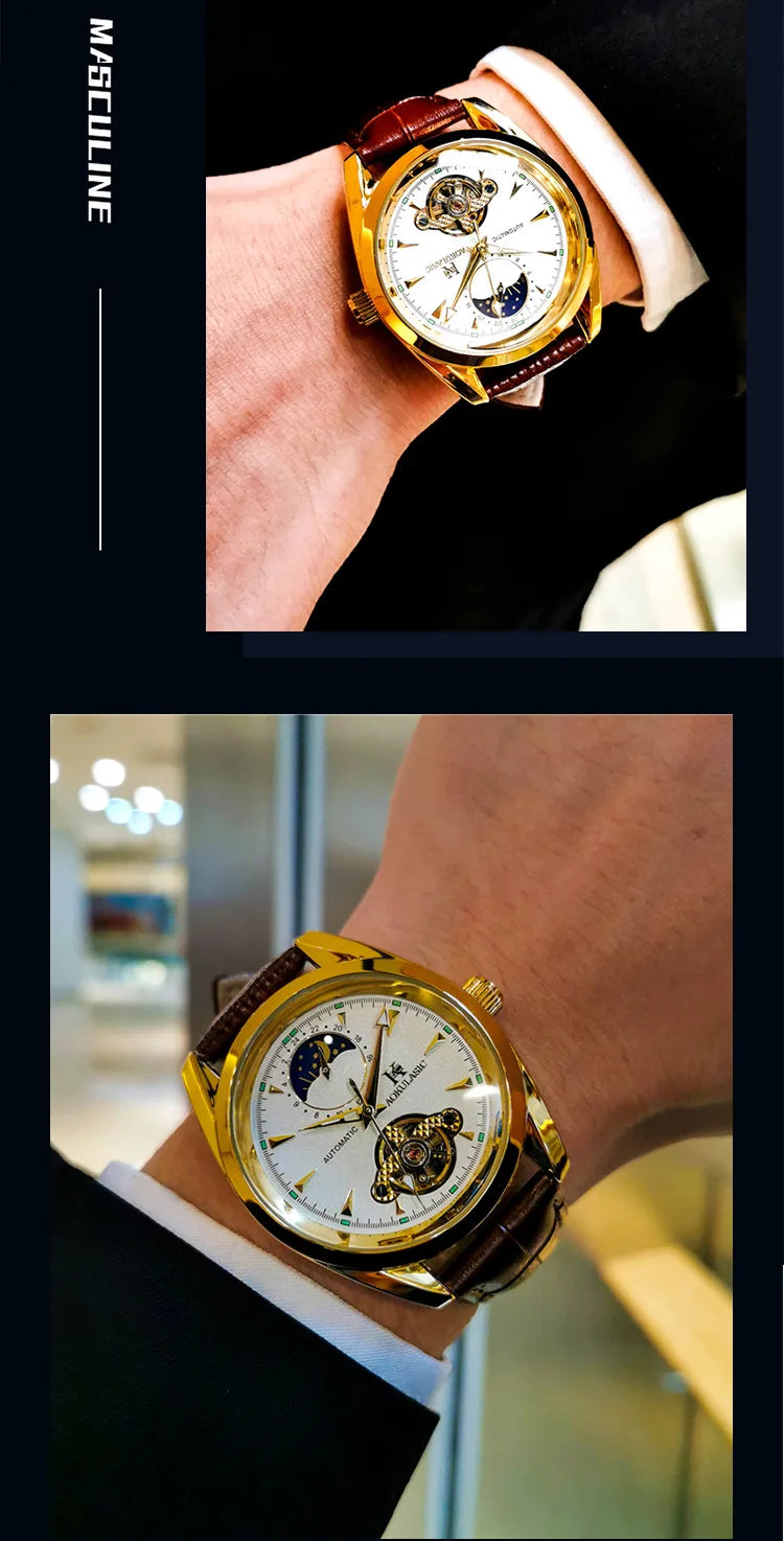 AOKULASIC Luxury Mens Automatic Mechanical Watch Moon Phase Stars Tourbillon Luminous Waterproof Fashion Wristwatch