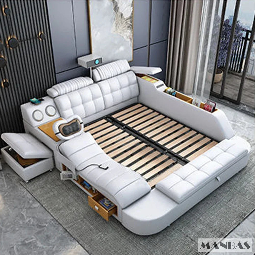 D MANBAS Tech Smart Genuine Leather Bed | Multifunctional Ultimate Beds | Massage Tatami Bed With Projecter | Upholstered Cama