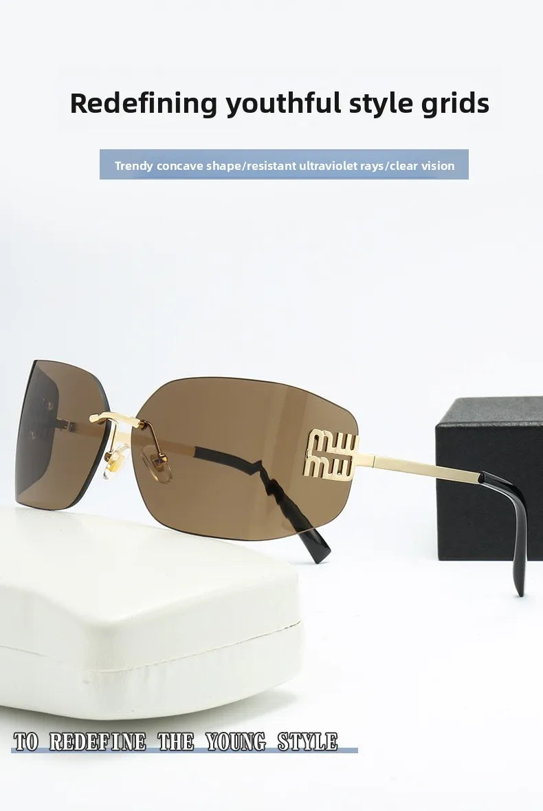 Curved One-Piece Sunglasses, Frameless Square Cut-Edge Design, UV400 Protection, Women's High-End Street Style