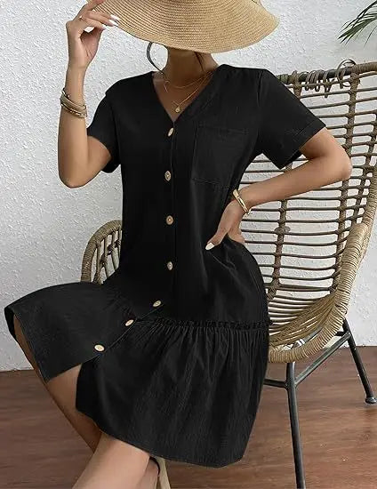 Casual Cotton Linen Summer Mini Dress For Women V-Neck Ruffles Short Sleeve Short Dress Ladies Fashion Loose Button Dresses