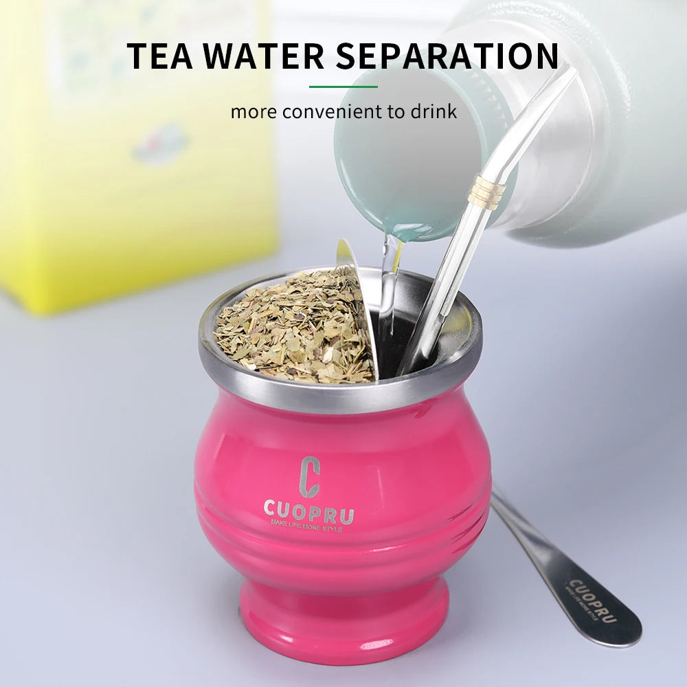 5 in 1 Yerba Mate Cup Set, Include CUOPRU Double Walled StainlMate Gourd, Tea Separator set, Bombillas(Straw) and Cleaning Brush