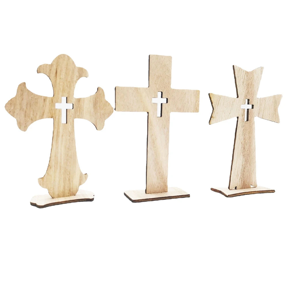 12PC Wooden Cross Crafts Creative Festival Accessories Wooden Cross Crafts Halloween Ornaments Wood Chips