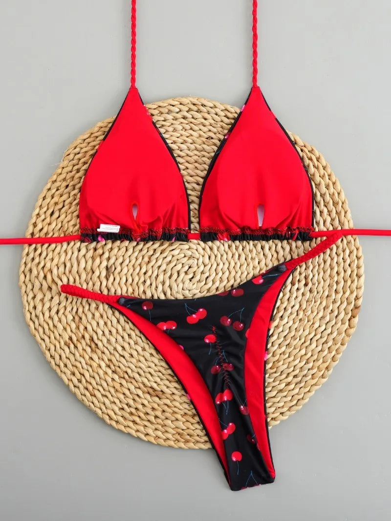 2026 New Bikinis Women Swimsuit Sexy Swimwear Halter Bikini Set Lace-up Biquine Brasileiro Thong Print Beachwear Party Wear
