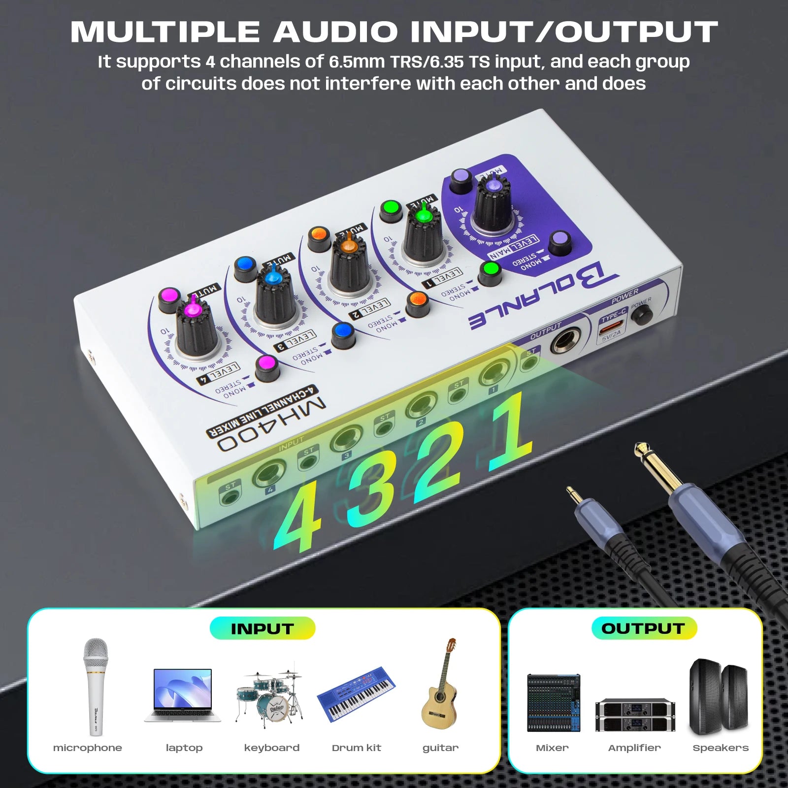 Bolanle Ultra Low-Noise 4-Channel Line Mixer Equipped with stereo mono switching and  mute function RGB lighting effect