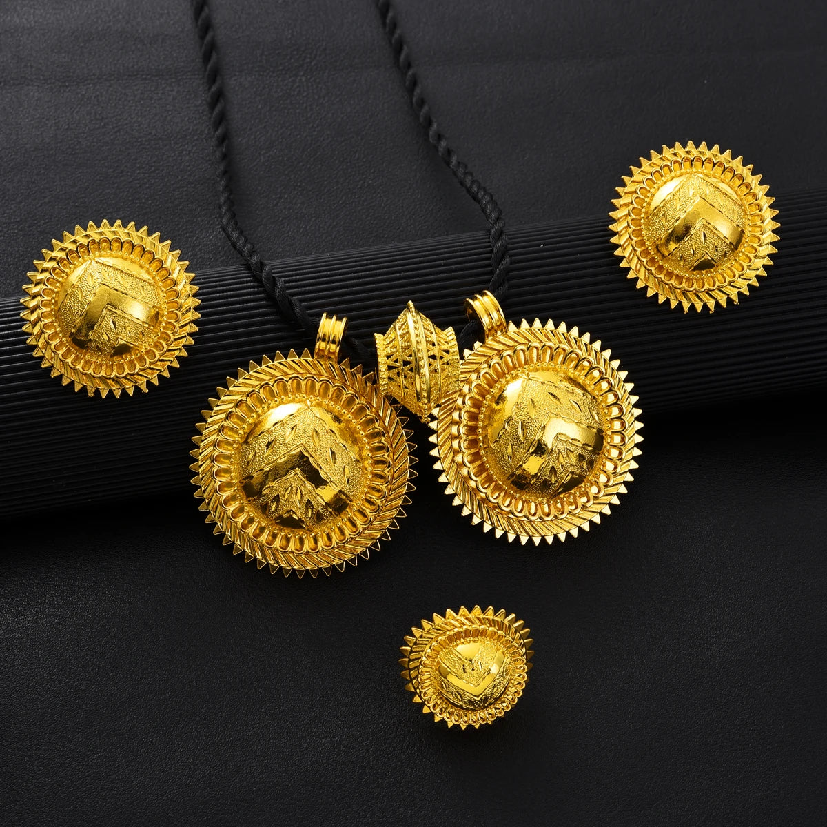 Eritrean Ethnic Style Jewelry Set Gold Color Necklace Pendant Ring Earring Ethiopian Bride Traditional Wedding Jewelry Gift #086