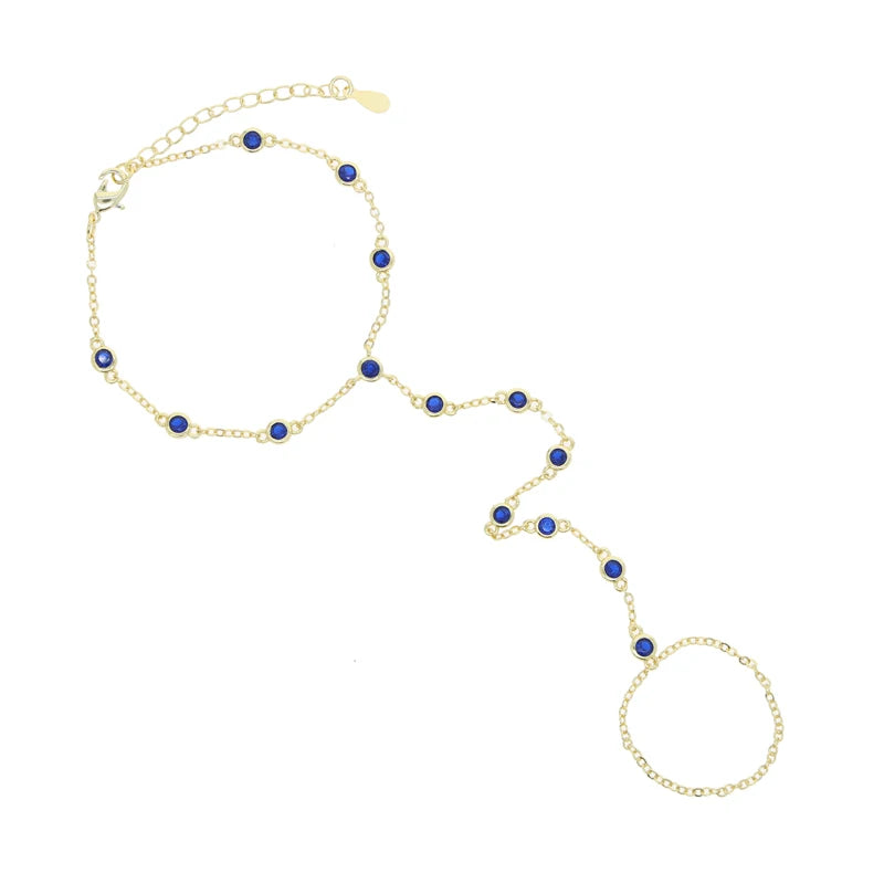 2023 Summer Jewelry Pendant Link Chain Ring Bracelet for Women White Green Blue Stone CZ Gold Plated Adjust Bracelet Accessories