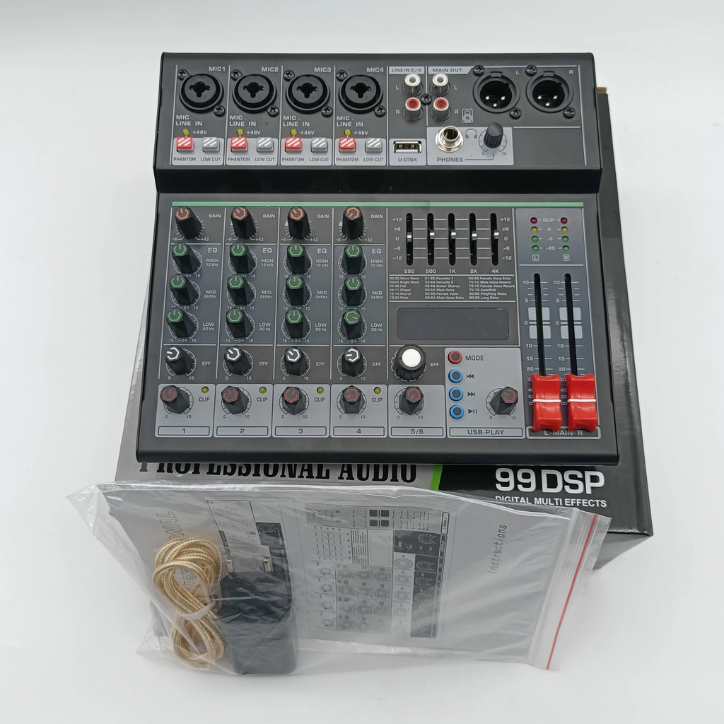6 Channel Audio DJ Mixer Individual 48V Output 7 Band EQ 99 Effect USB Bluetooth Play Sound Mixing Console