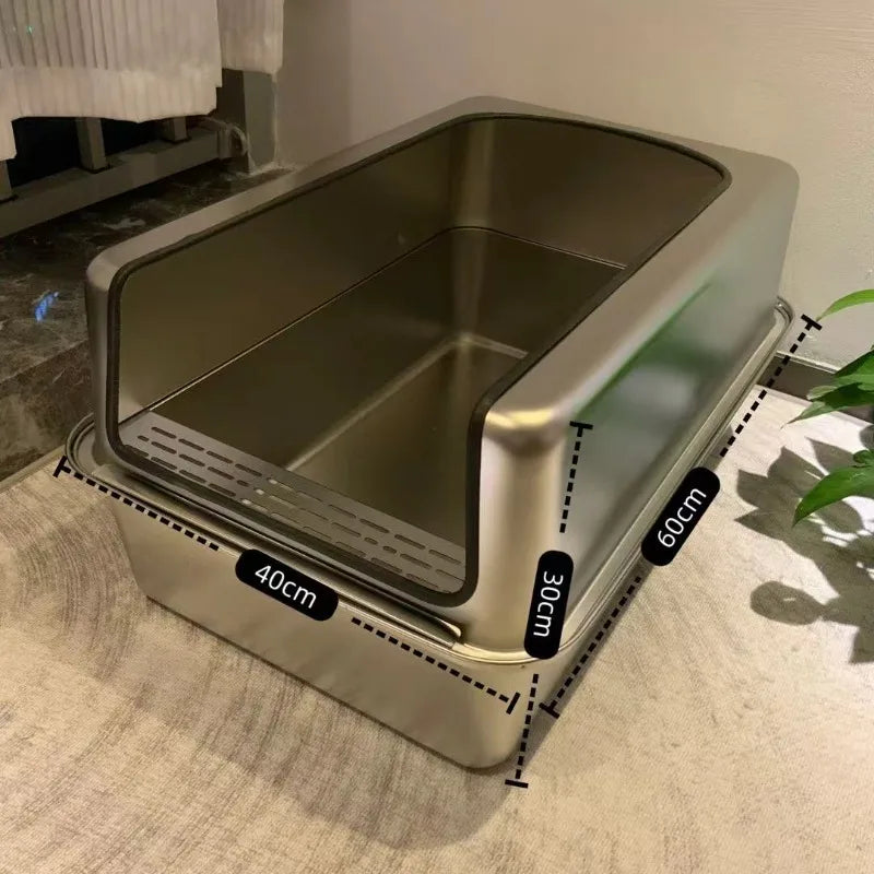 Extra-Large 60cm Cat Litter Box Stainless Steel Cat Poop Tray Raised Fence Cat Toilet Odor-Proof Anti-Splash Pet Litter Box
