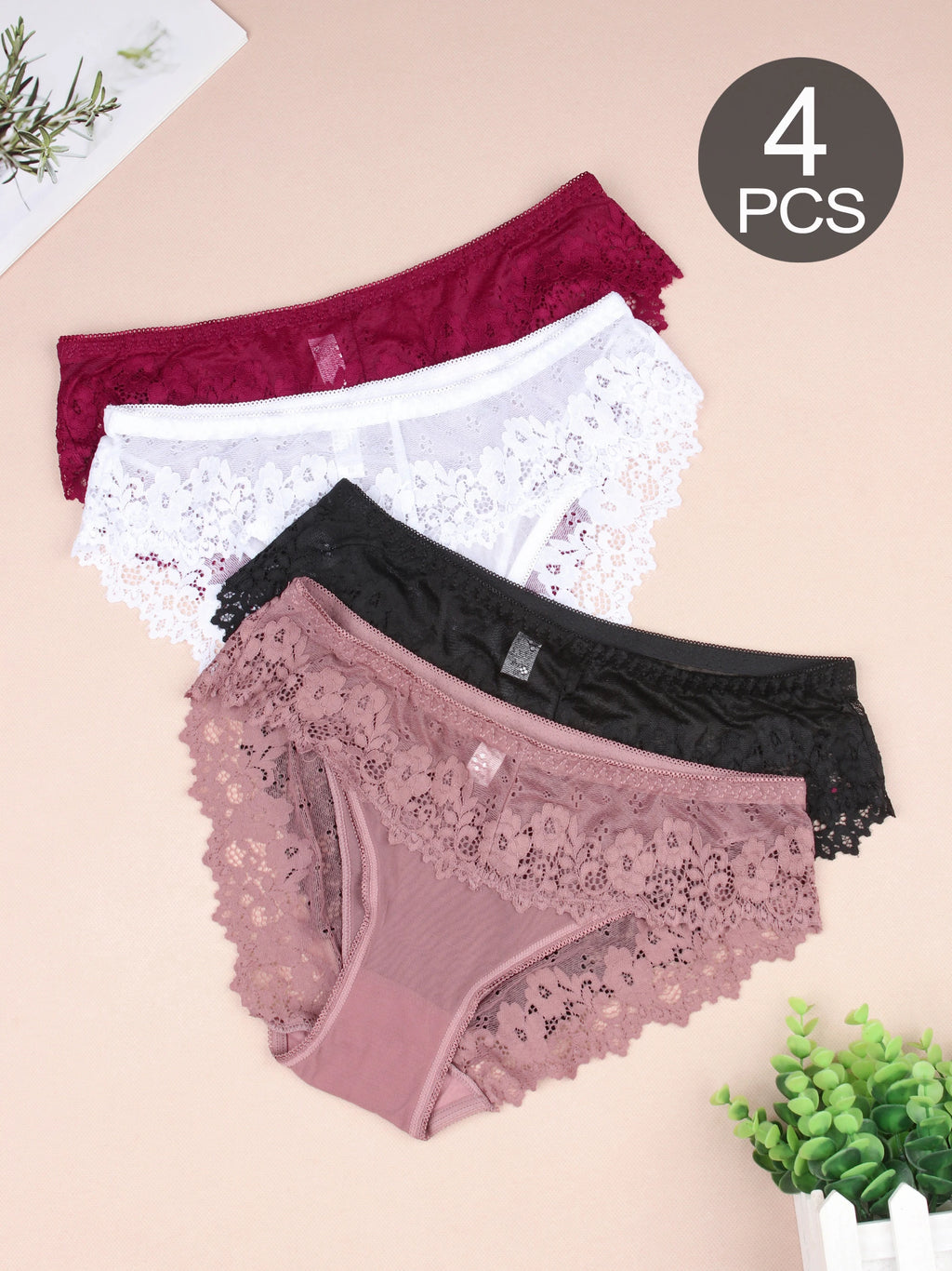 4 PCS Women Brazilian Panties Lace Sexy Girls Underwear Stretchy Solid Color Briefs Female Hollow Out Breathable Underpants