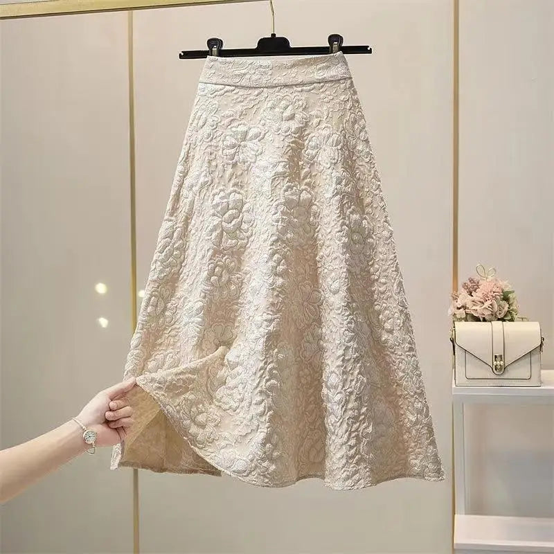 2024 New Spring and Autumn Vintage Fashion Minimalist Elegant Versatile Solid Color Printed Pleated Women's High Waist Skirt