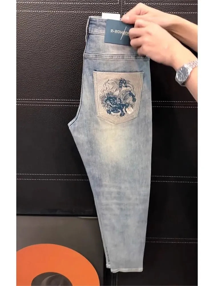 Ele Men's Jeans Casual Slim Fit Embroidered Elastic Summer New Sle Faionable Lightweight Faion Urban Youth Jeans