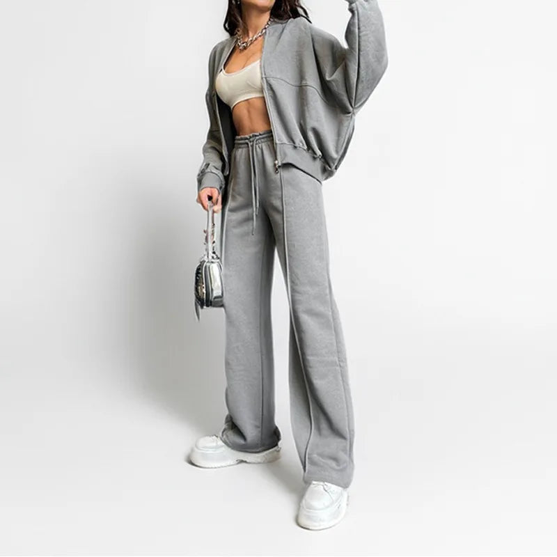 European American women's clothing autumn and winter suit new fashion solid color casual loose street sports sweater suit women