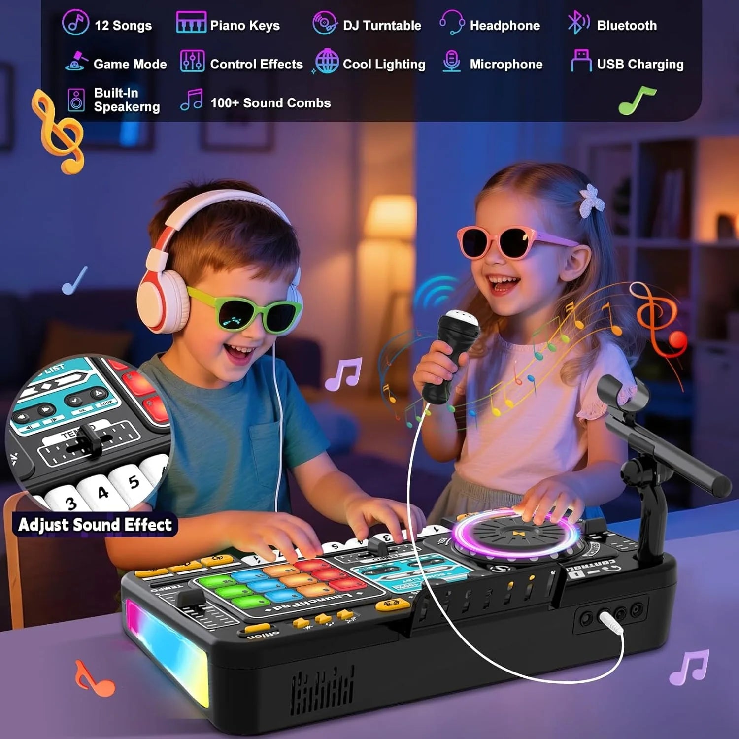 DJ Mixer for Kids, Toddler DJ Mixing Table with DJ Turntable, Game Mode, Light & Speed Control and Microphone, Gifts for 3 4 5 6