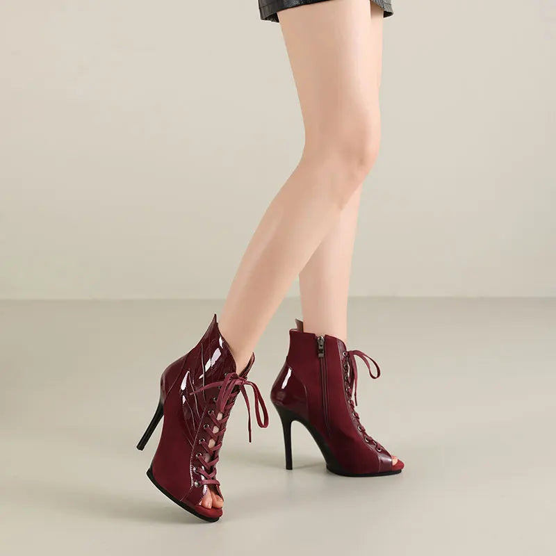 Black Summer High Heels Ankle Boots For Women 2026 Spring Peep Toe Lace Up Pumps Party Jazz Dance Shoes Suede Ladies Large Size
