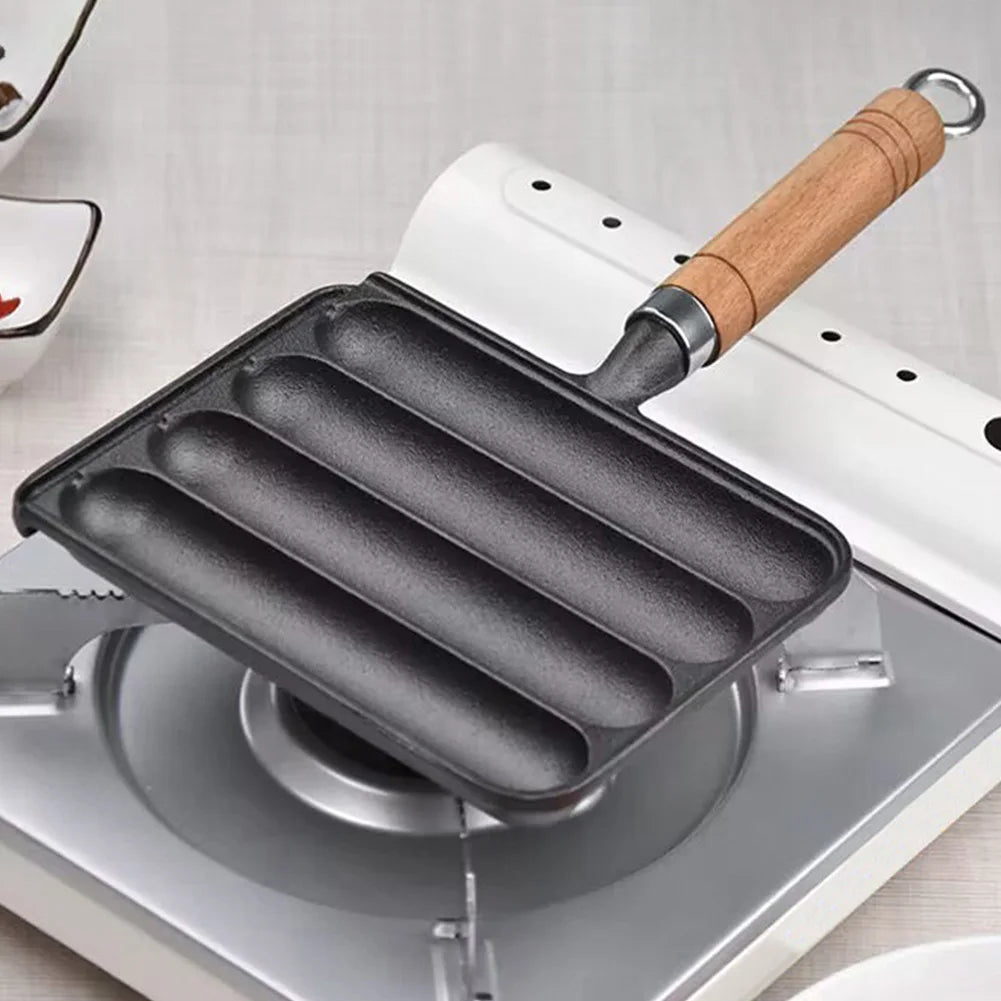 Cast Iron Pre-Seasoned Pot Non-Stick Pre-Seasoned Grilled Sausage Pot with Wooden Handle Hot Dog Mold Pan BBQ Supply Grilled Pot