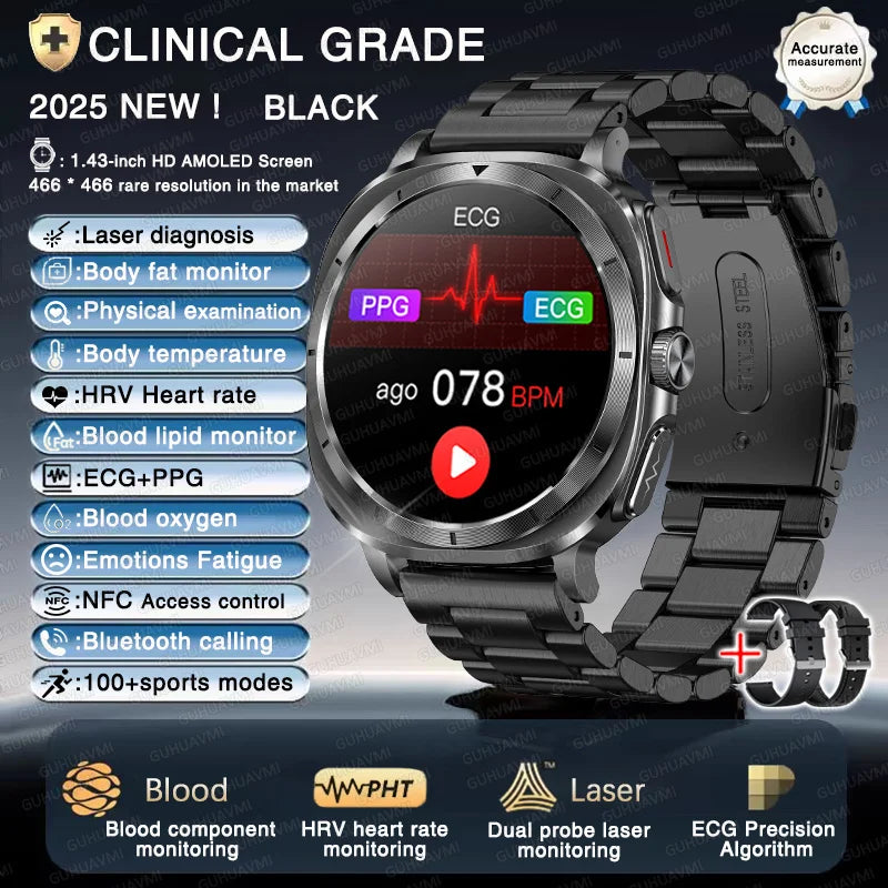 2025New ECG+PPG Laser Diagnose Blood pressure Smart Watch Men Heart Rate Uric Acid Blood fat Body analysis Health NFC Smartwatch