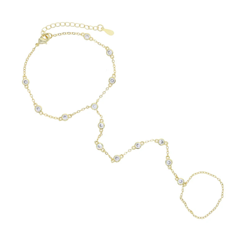 2023 Summer Jewelry Pendant Link Chain Ring Bracelet for Women White Green Blue Stone CZ Gold Plated Adjust Bracelet Accessories